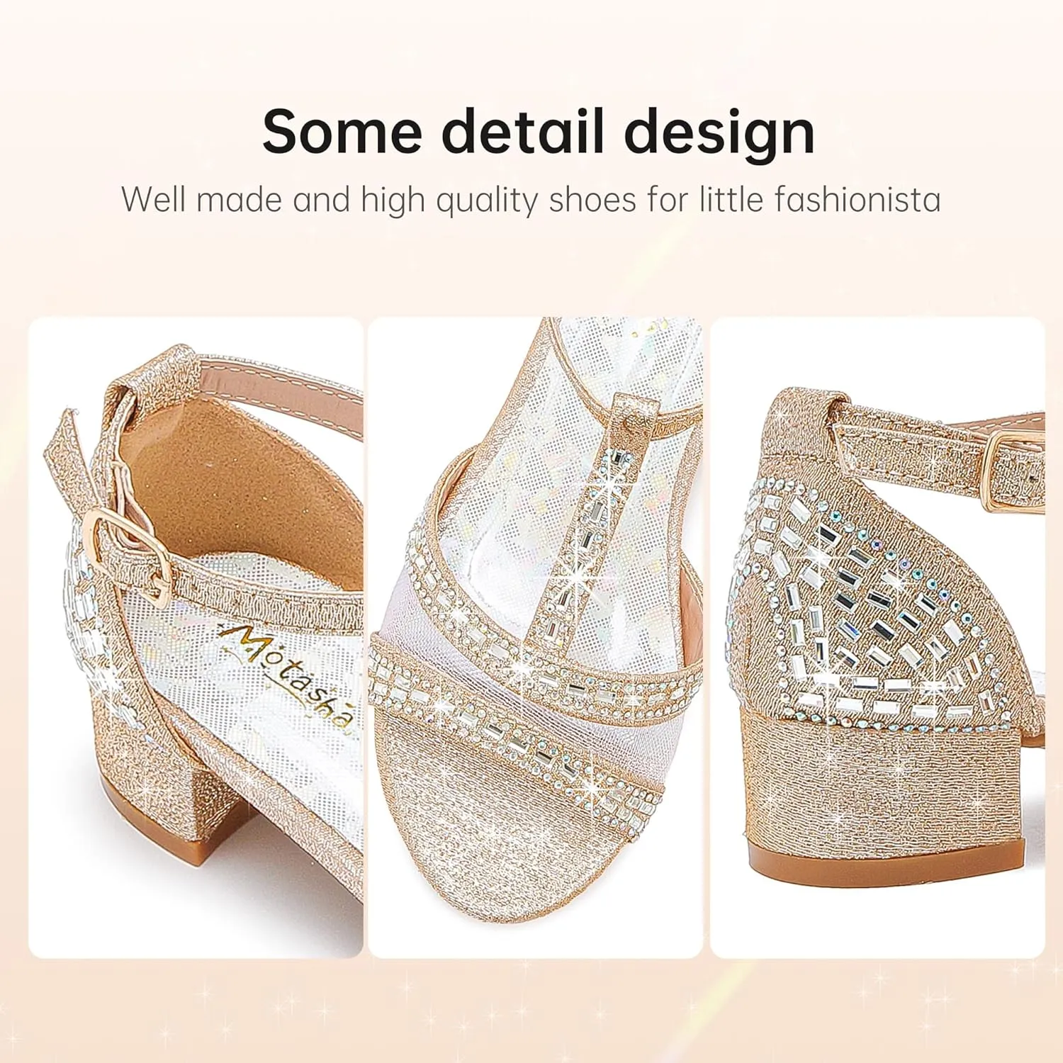 Girls Sandals Low Heel Dress Pump Open Toe T Strap Rhinestone Sandals Wedding Party Prom Shoes Little Big Kids