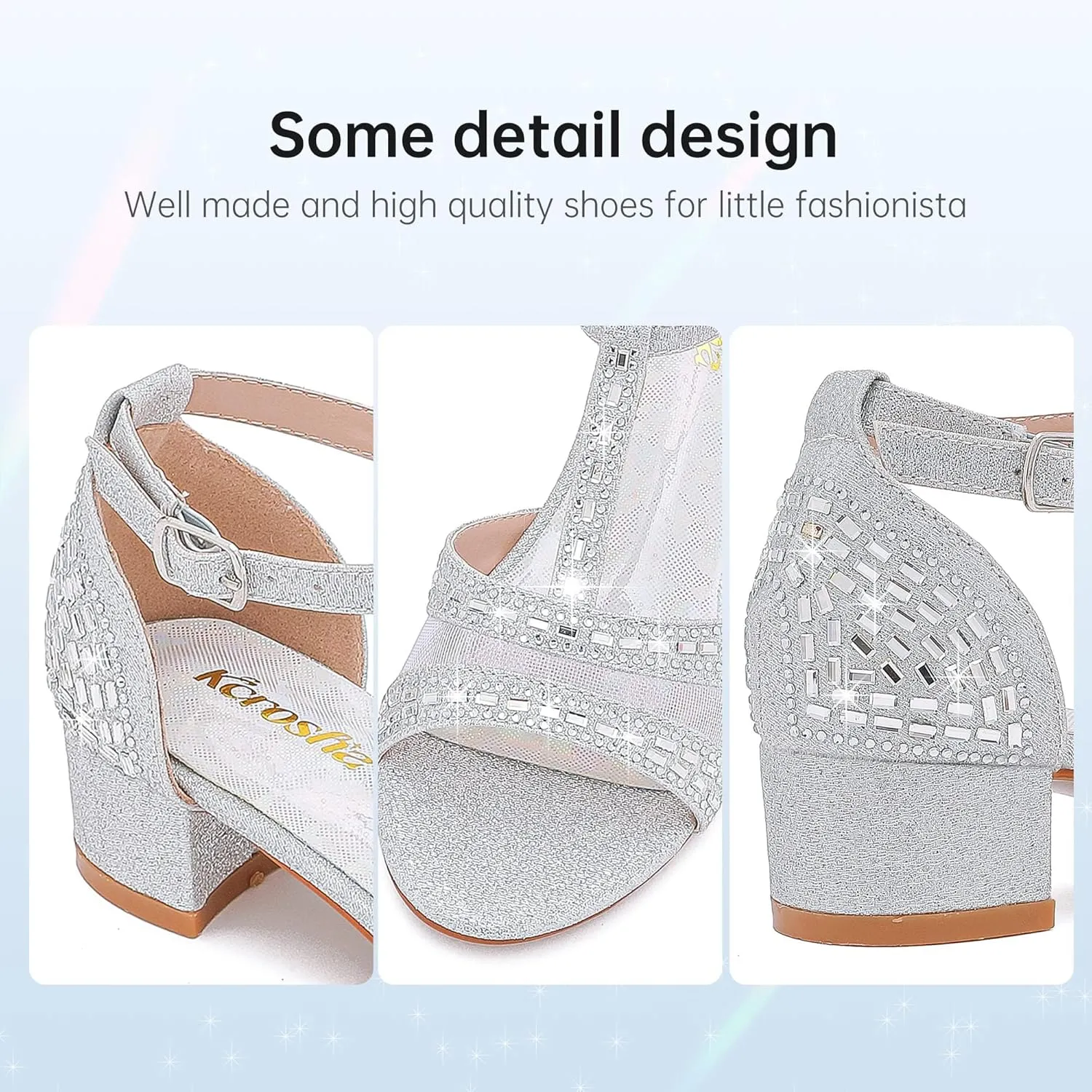 Girls Sandals Low Heel Dress Pump Open Toe T Strap Rhinestone Sandals Wedding Party Prom Shoes Little Big Kids