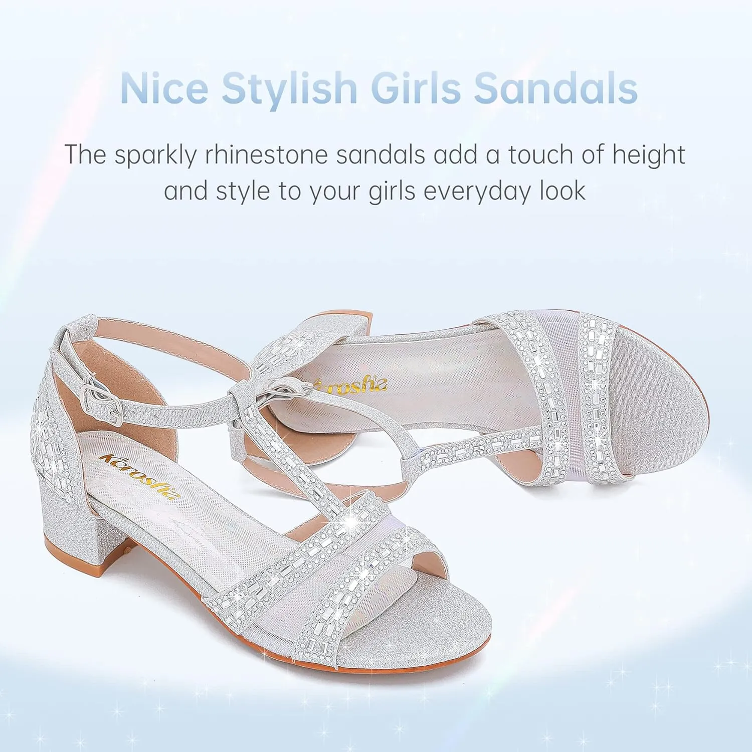 Girls Sandals Low Heel Dress Pump Open Toe T Strap Rhinestone Sandals Wedding Party Prom Shoes Little Big Kids