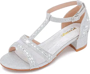 Girls Sandals Low Heel Dress Pump Open Toe T Strap Rhinestone Sandals Wedding Party Prom Shoes Little Big Kids