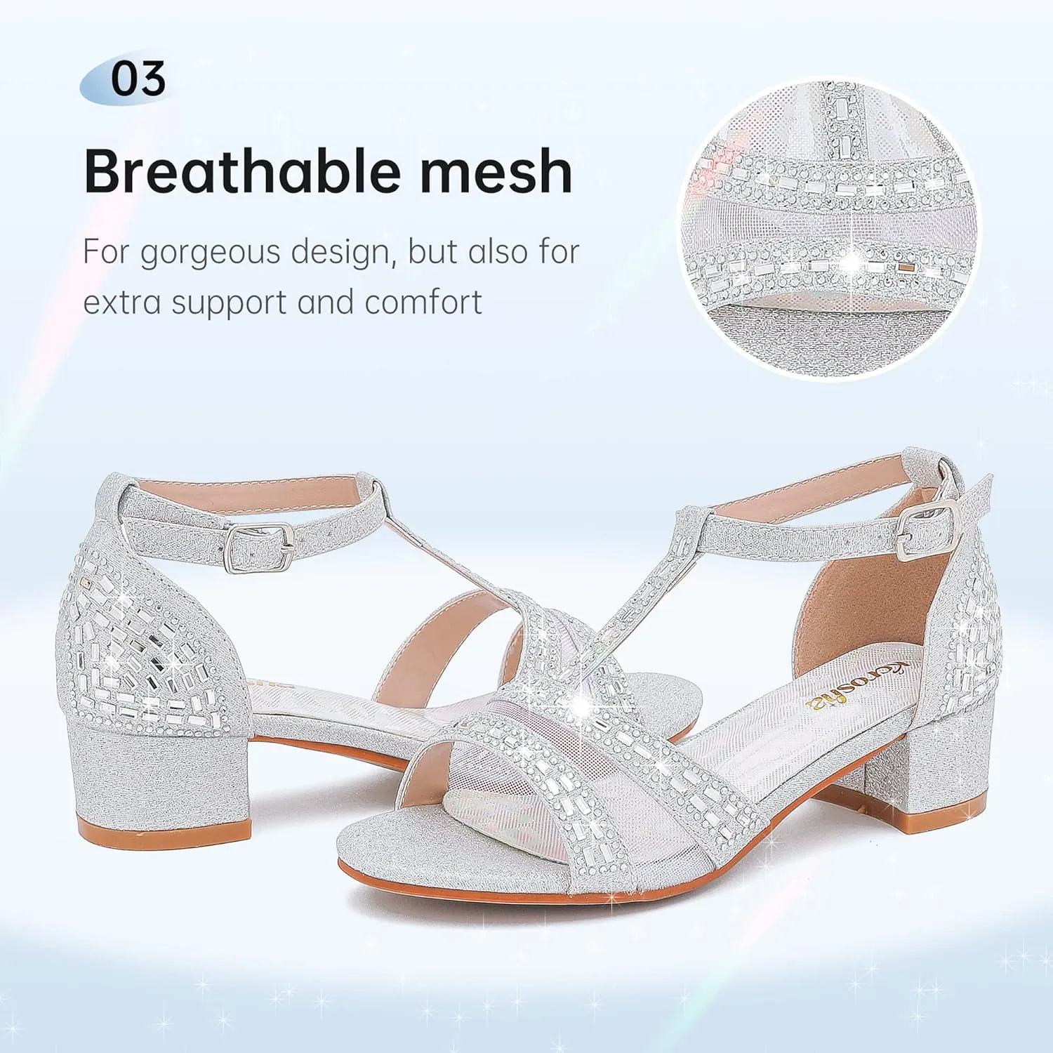 Girls Sandals Low Heel Dress Pump Open Toe T Strap Rhinestone Sandals Wedding Party Prom Shoes Little Big Kids