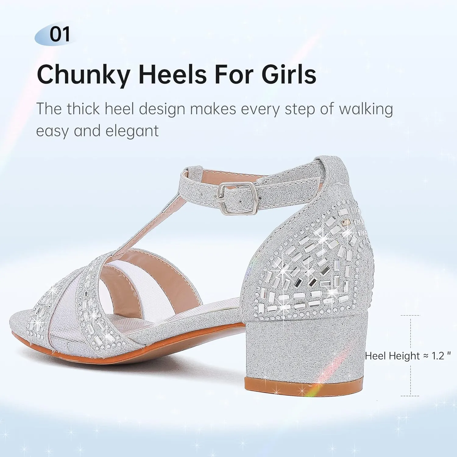 Girls Sandals Low Heel Dress Pump Open Toe T Strap Rhinestone Sandals Wedding Party Prom Shoes Little Big Kids