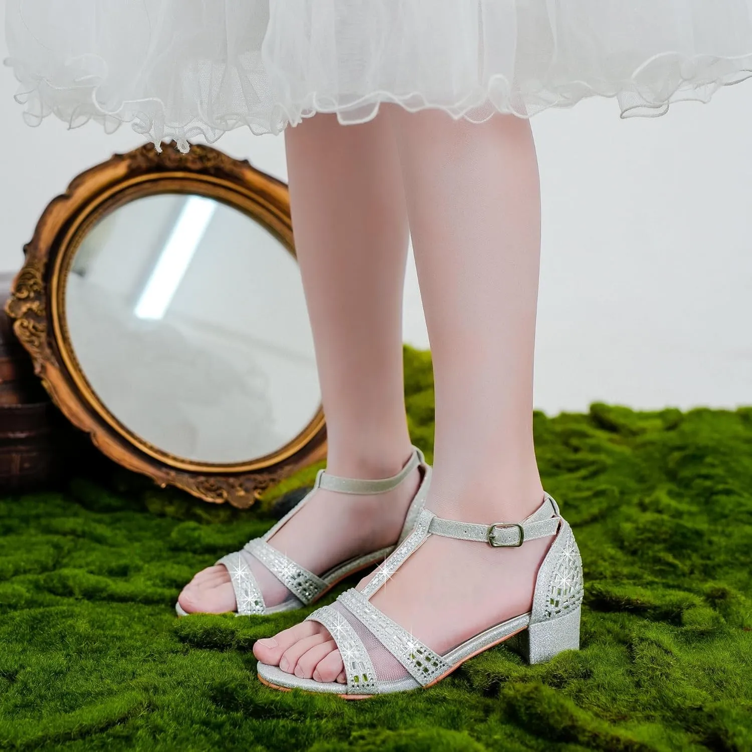 Girls Sandals Low Heel Dress Pump Open Toe T Strap Rhinestone Sandals Wedding Party Prom Shoes Little Big Kids