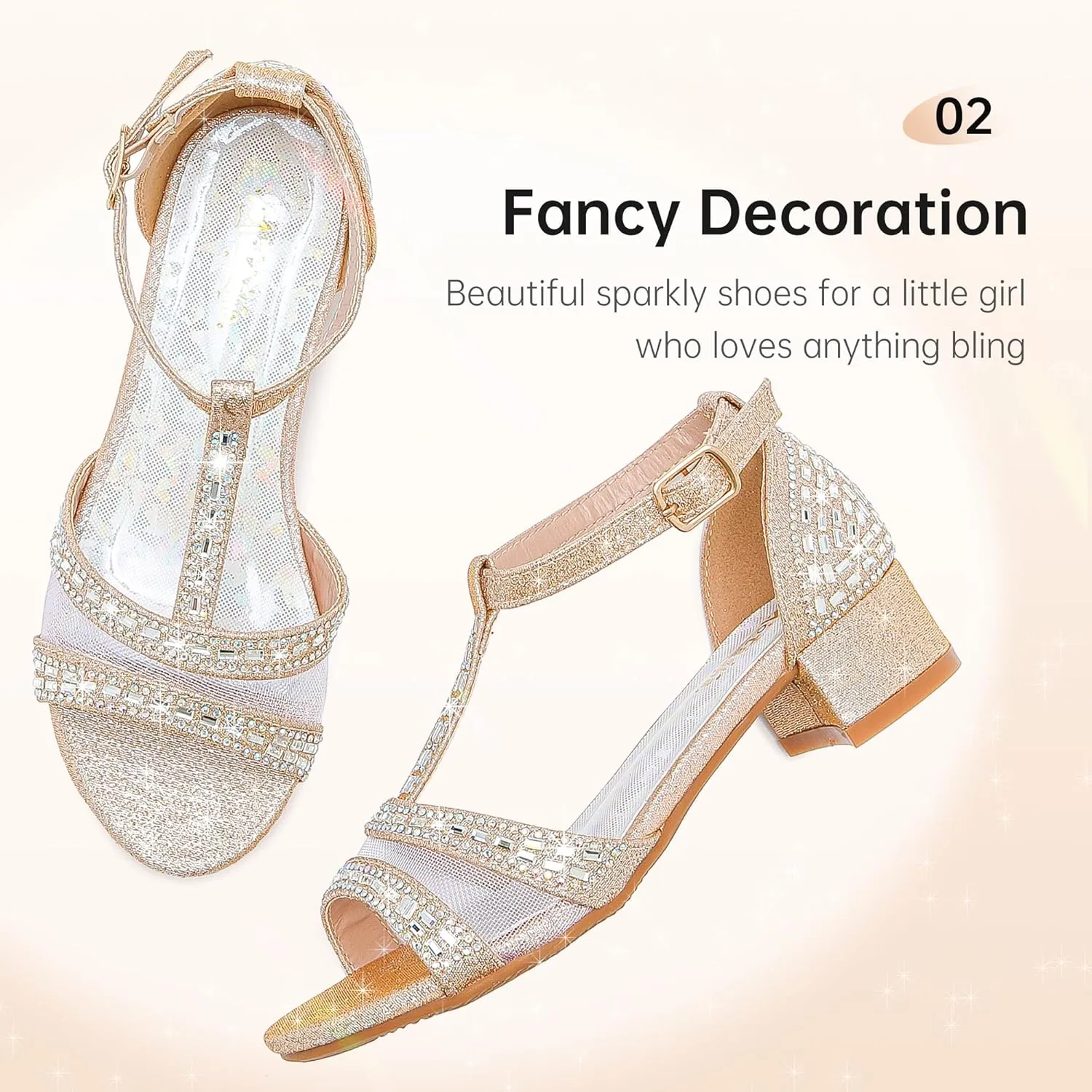 Girls Sandals Low Heel Dress Pump Open Toe T Strap Rhinestone Sandals Wedding Party Prom Shoes Little Big Kids