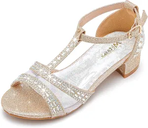 Girls Sandals Low Heel Dress Pump Open Toe T Strap Rhinestone Sandals Wedding Party Prom Shoes Little Big Kids