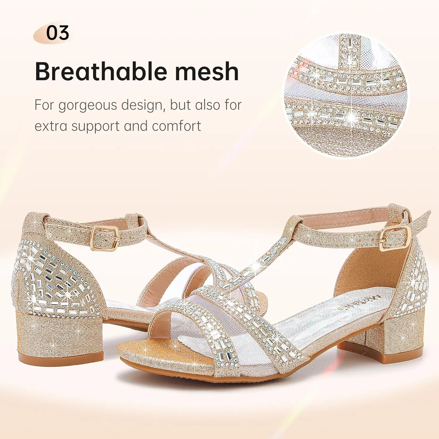 Girls Sandals Low Heel Dress Pump Open Toe T Strap Rhinestone Sandals Wedding Party Prom Shoes Little Big Kids