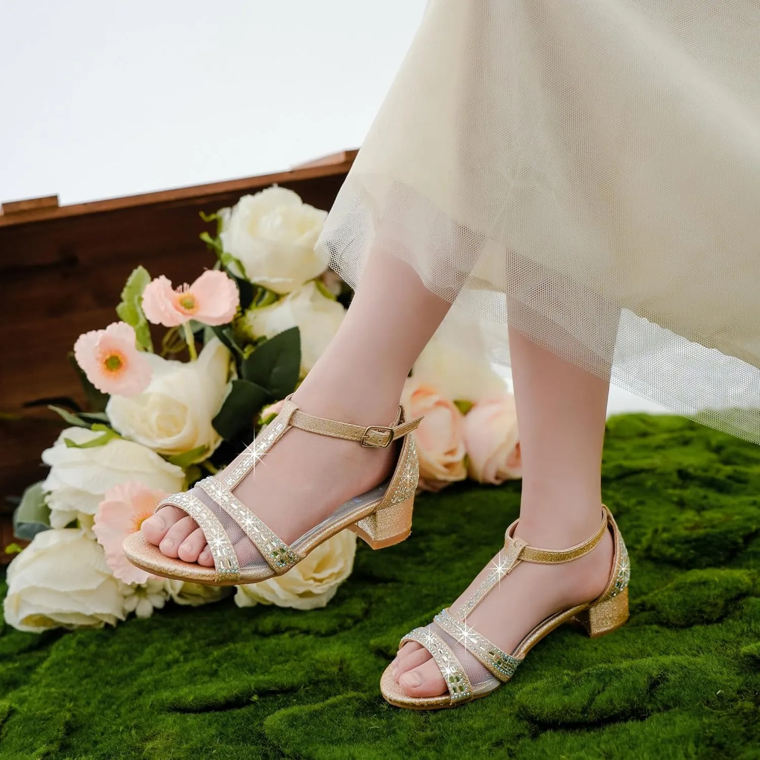 Girls Sandals Low Heel Dress Pump Open Toe T Strap Rhinestone Sandals Wedding Party Prom Shoes Little Big Kids