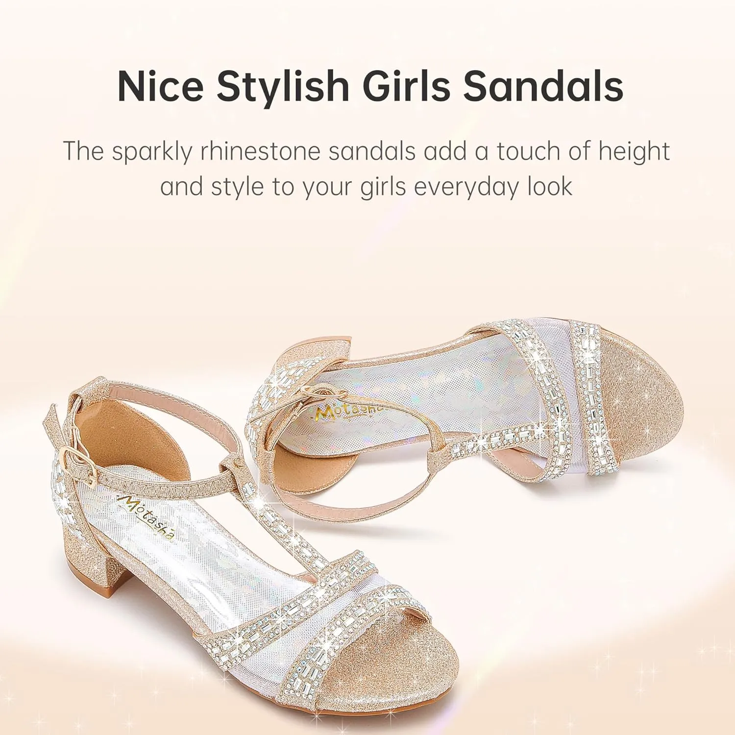Girls Sandals Low Heel Dress Pump Open Toe T Strap Rhinestone Sandals Wedding Party Prom Shoes Little Big Kids