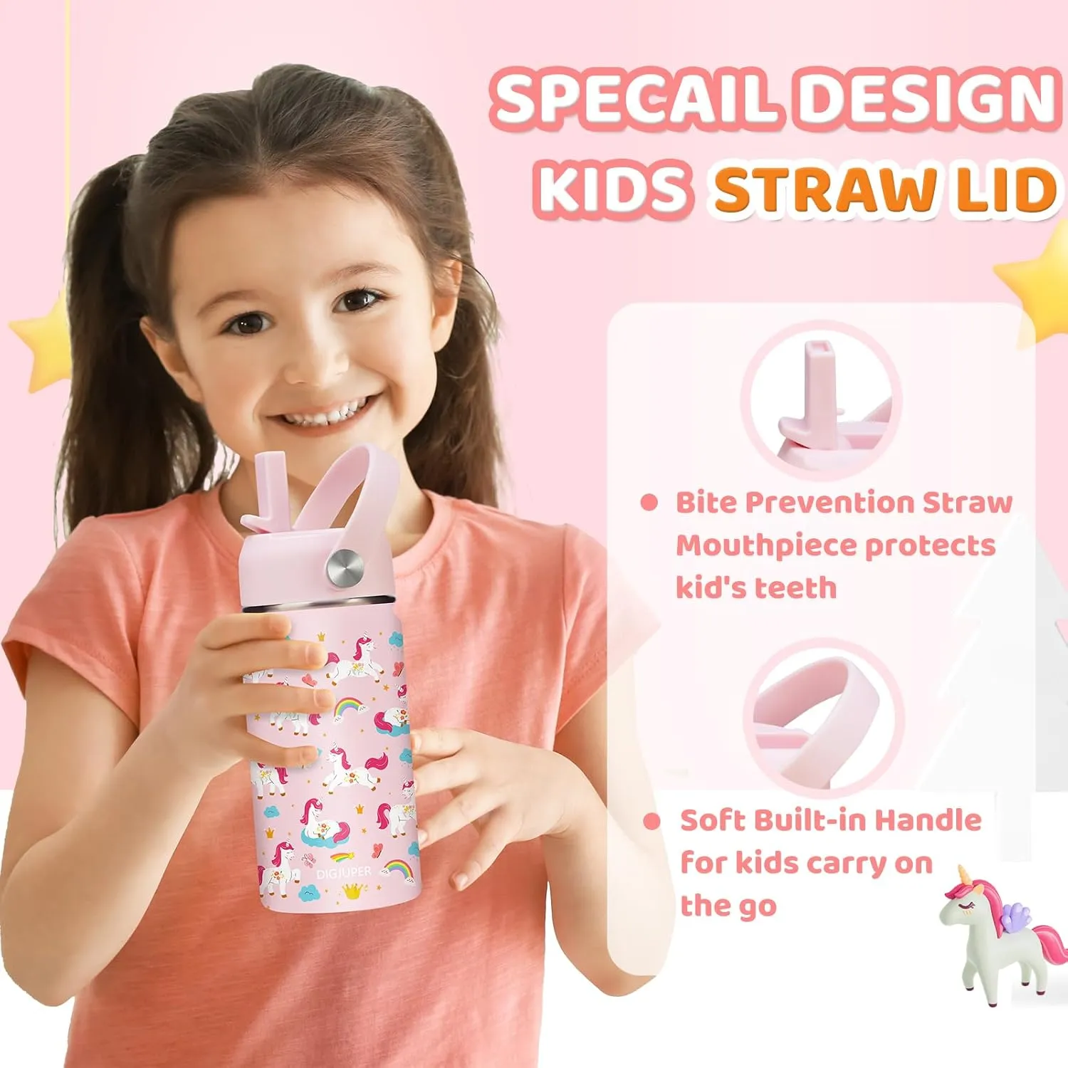 Girls Water Bottle Insulated for School - 12 oz Kids Water Bottles with Straw Lid, Leak-proof Stainless Steel Metal Flask Keep Cold-48H & Hot-24H, Toddlers Cute Cup Protective Boot, Pink Unicorn