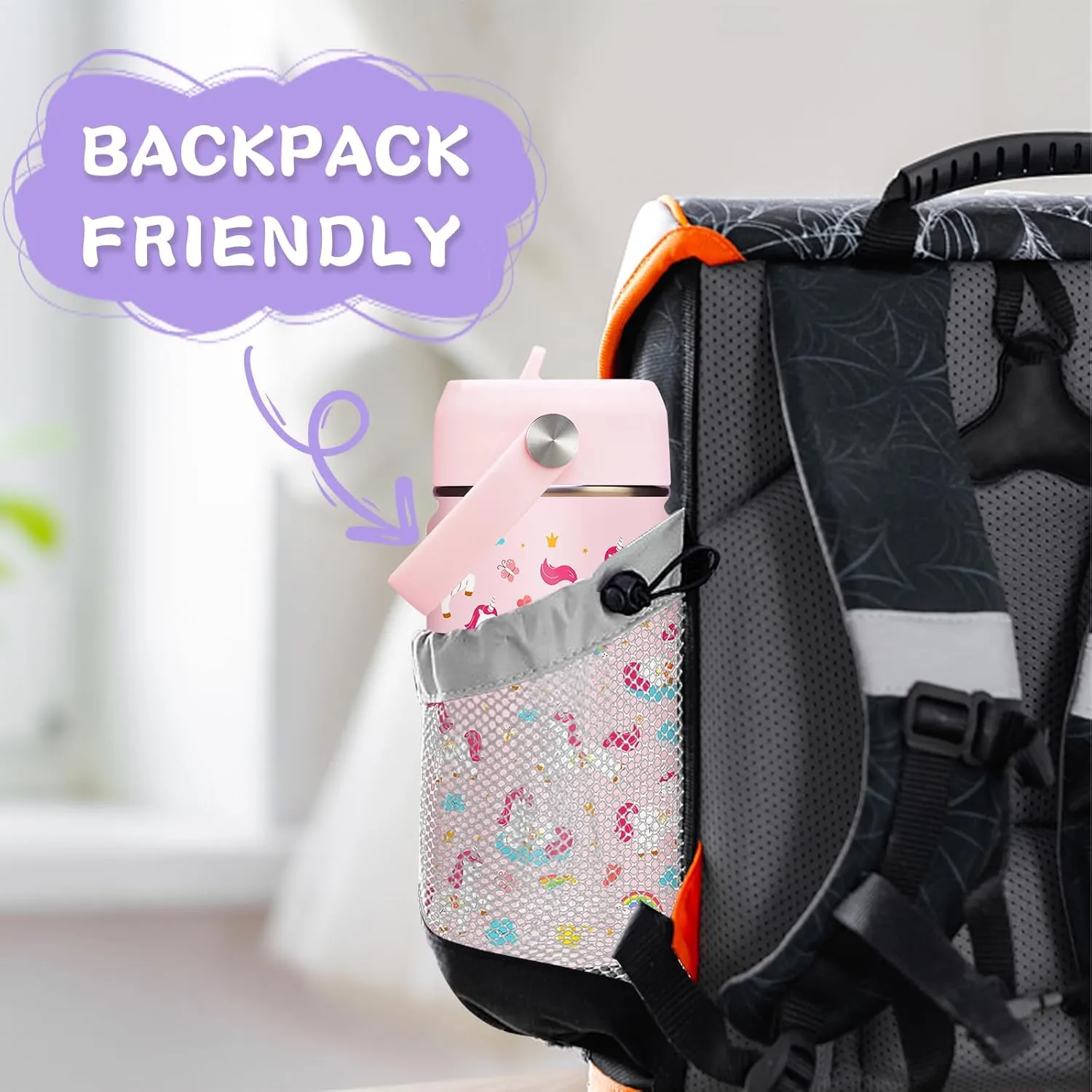 Girls Water Bottle Insulated for School - 12 oz Kids Water Bottles with Straw Lid, Leak-proof Stainless Steel Metal Flask Keep Cold-48H & Hot-24H, Toddlers Cute Cup Protective Boot, Pink Unicorn
