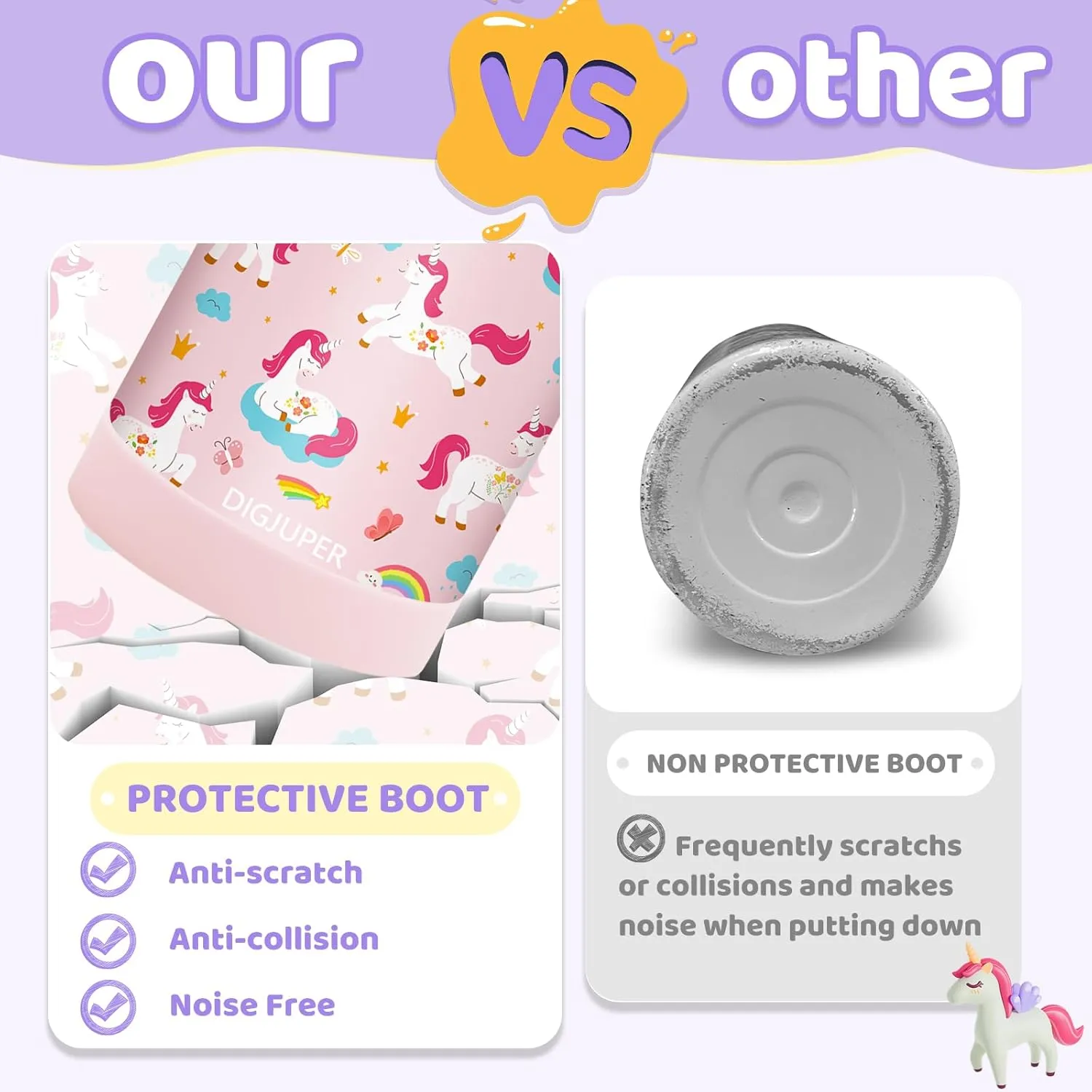 Girls Water Bottle Insulated for School - 12 oz Kids Water Bottles with Straw Lid, Leak-proof Stainless Steel Metal Flask Keep Cold-48H & Hot-24H, Toddlers Cute Cup Protective Boot, Pink Unicorn