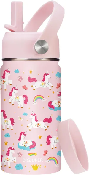 Girls Water Bottle Insulated for School - 12 oz Kids Water Bottles with Straw Lid, Leak-proof Stainless Steel Metal Flask Keep Cold-48H & Hot-24H, Toddlers Cute Cup Protective Boot, Pink Unicorn