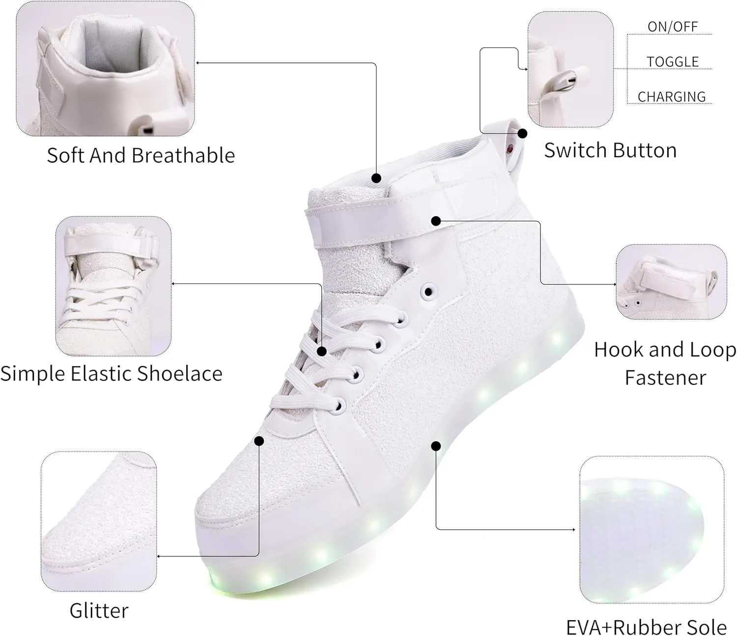 Glitter Led Shoes Light Up Shoes High Top Sneakers for Women Men Flashing Dancing Shoes for Halloween Christmas Party with USB Charging
