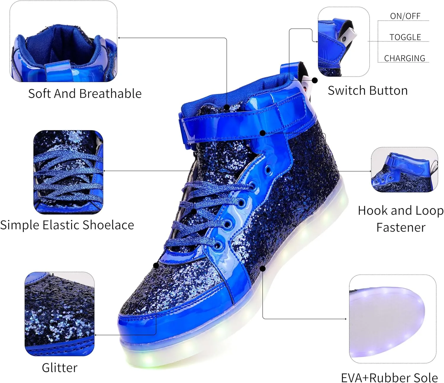 Glitter Led Shoes Light Up Shoes High Top Sneakers for Women Men Flashing Dancing Shoes for Halloween Christmas Party with USB Charging
