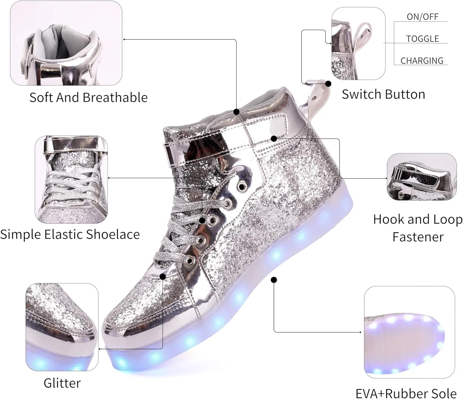 Glitter Led Shoes Light Up Shoes High Top Sneakers for Women Men Flashing Dancing Shoes for Halloween Christmas Party with USB Charging