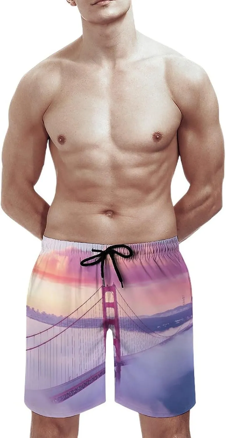 Gold Gate Bridge in The Mist Men's Swim Trunks Casual Bathing Suit Board Shorts Hawaiian Beach Swimwear Swim Shorts