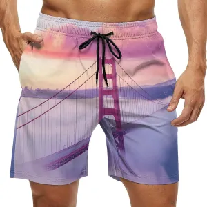 Gold Gate Bridge in The Mist Men's Swim Trunks Casual Bathing Suit Board Shorts Hawaiian Beach Swimwear Swim Shorts