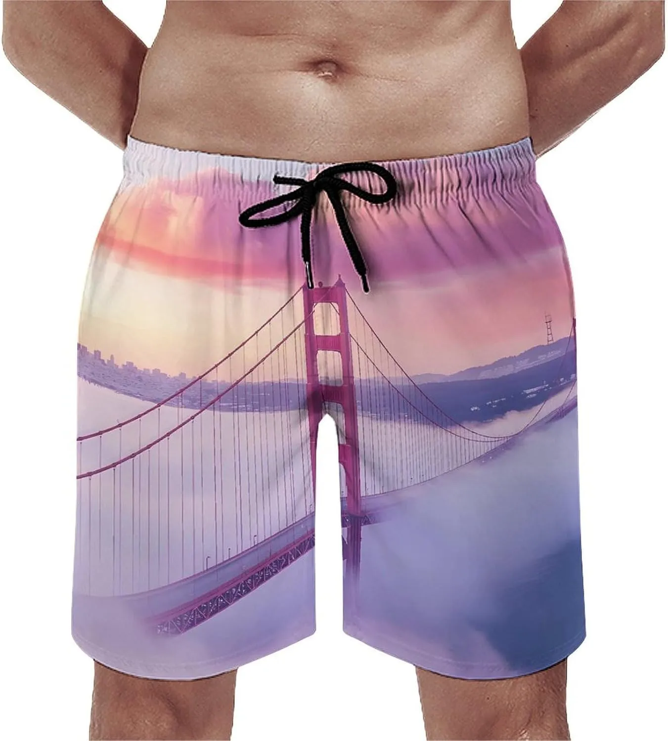 Gold Gate Bridge in The Mist Men's Swim Trunks Casual Bathing Suit Board Shorts Hawaiian Beach Swimwear Swim Shorts