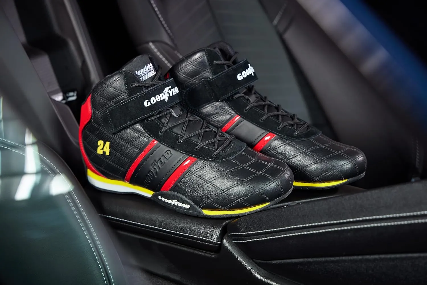 Goodyear Racing Mens Driving Sneakers Hendrick Motorsports Accelerate High Top Athletic Leather Racing Shoes for Adults Performance Footwear with Non-Slip EVA Rubber Soles
