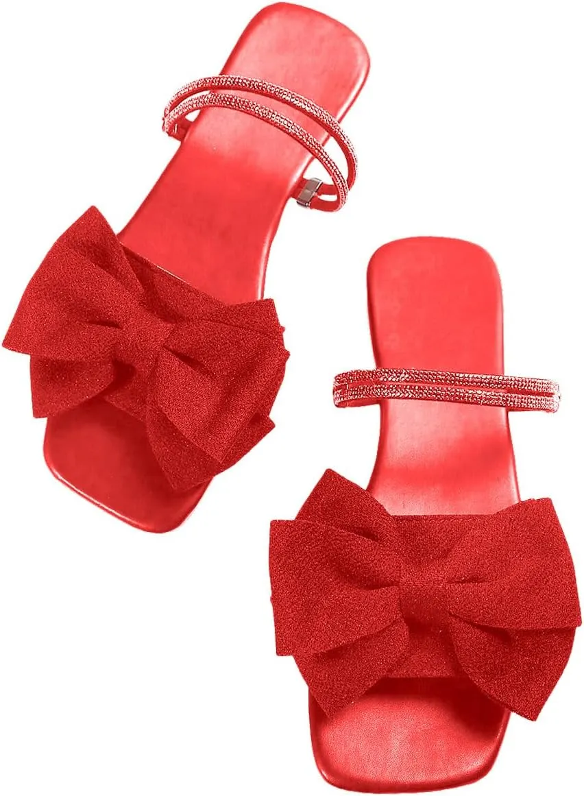 GORGLITTER Women's Bow Flat Sandals Dressy Rhinestone Slides Comfort Sandals Cute Slip On Shoes