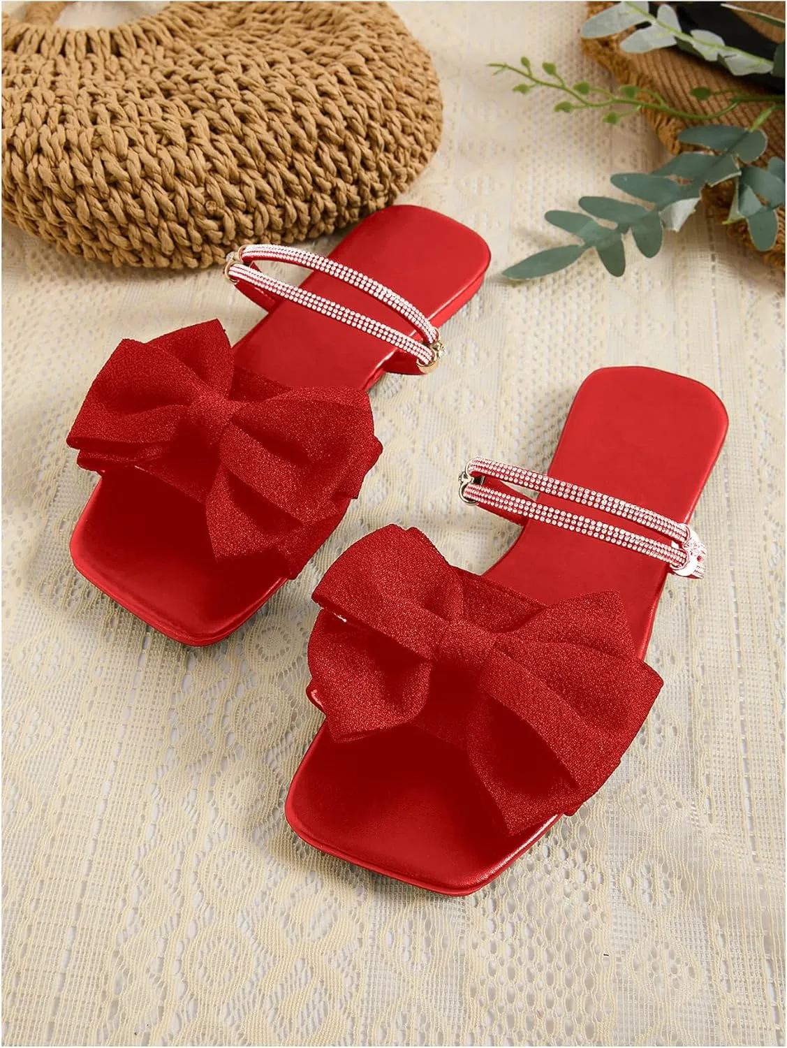 GORGLITTER Women's Bow Flat Sandals Dressy Rhinestone Slides Comfort Sandals Cute Slip On Shoes