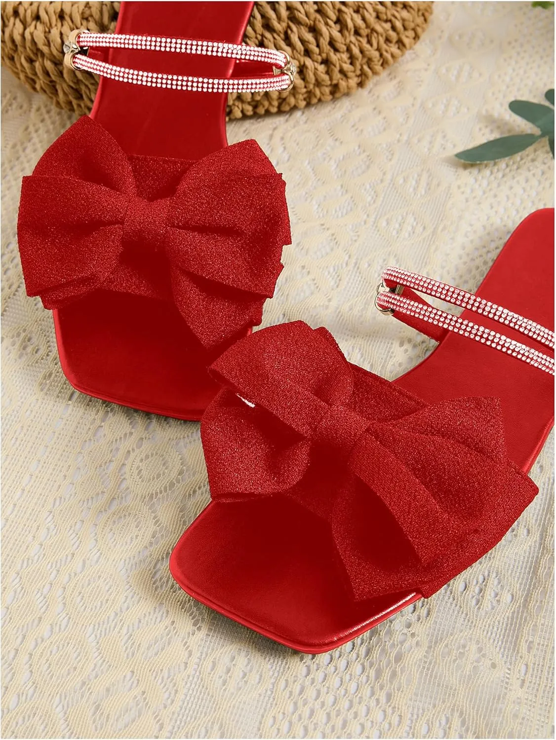 GORGLITTER Women's Bow Flat Sandals Dressy Rhinestone Slides Comfort Sandals Cute Slip On Shoes
