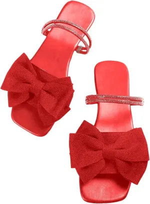 GORGLITTER Women's Bow Flat Sandals Dressy Rhinestone Slides Comfort Sandals Cute Slip On Shoes