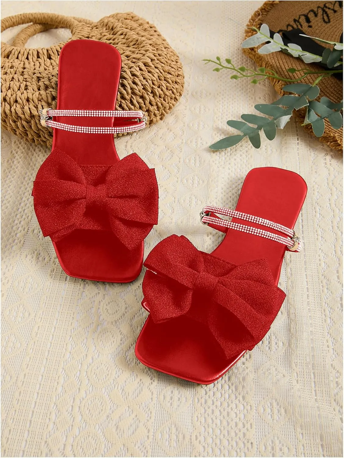 GORGLITTER Women's Bow Flat Sandals Dressy Rhinestone Slides Comfort Sandals Cute Slip On Shoes