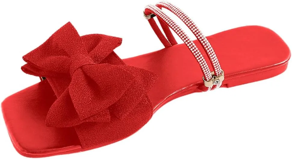 GORGLITTER Women's Bow Flat Sandals Dressy Rhinestone Slides Comfort Sandals Cute Slip On Shoes