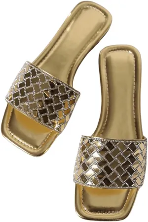 GORGLITTER Women's Gold Sandals Rhinestone Sparkly Square Open Toe Slip on Slides Flat Sandals