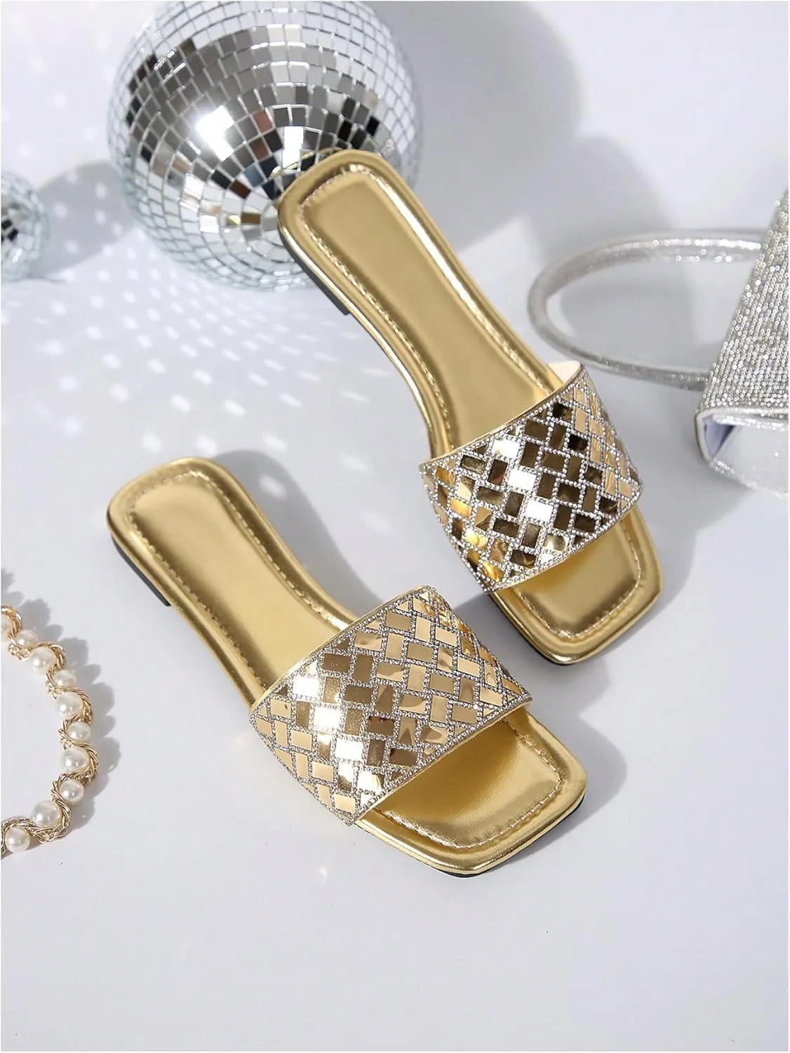 GORGLITTER Women's Gold Sandals Rhinestone Sparkly Square Open Toe Slip on Slides Flat Sandals