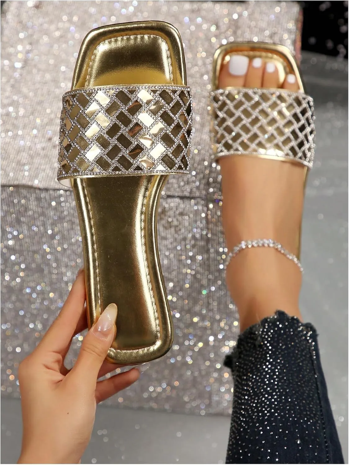 GORGLITTER Women's Gold Sandals Rhinestone Sparkly Square Open Toe Slip on Slides Flat Sandals