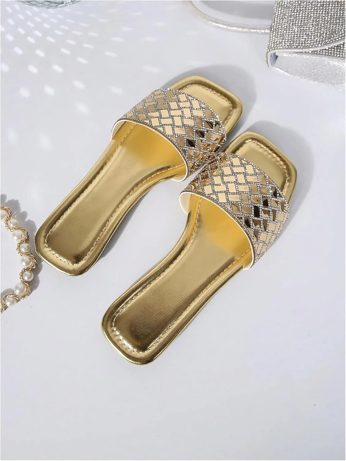 GORGLITTER Women's Gold Sandals Rhinestone Sparkly Square Open Toe Slip on Slides Flat Sandals