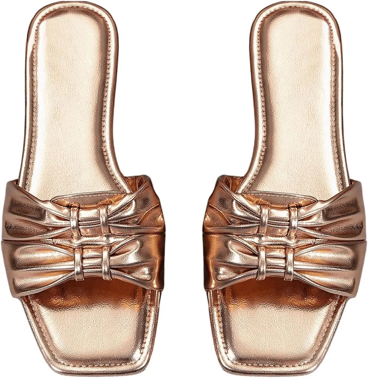 GORGLITTER Women's Metallic Bow Flat Sandals 2025 Dressy Summer Vacation Slides Shoes