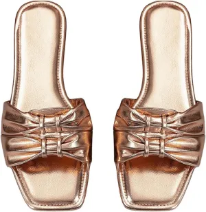 GORGLITTER Women's Metallic Bow Flat Sandals 2025 Dressy Summer Vacation Slides Shoes