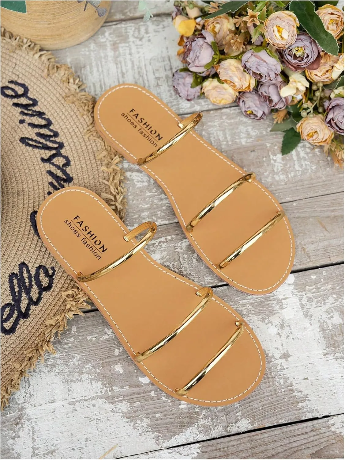 GORGLITTER Women's Metallic Strappy Flat Sandals Open Toe Slip on Slide Sandals Dressy Beach Sandals