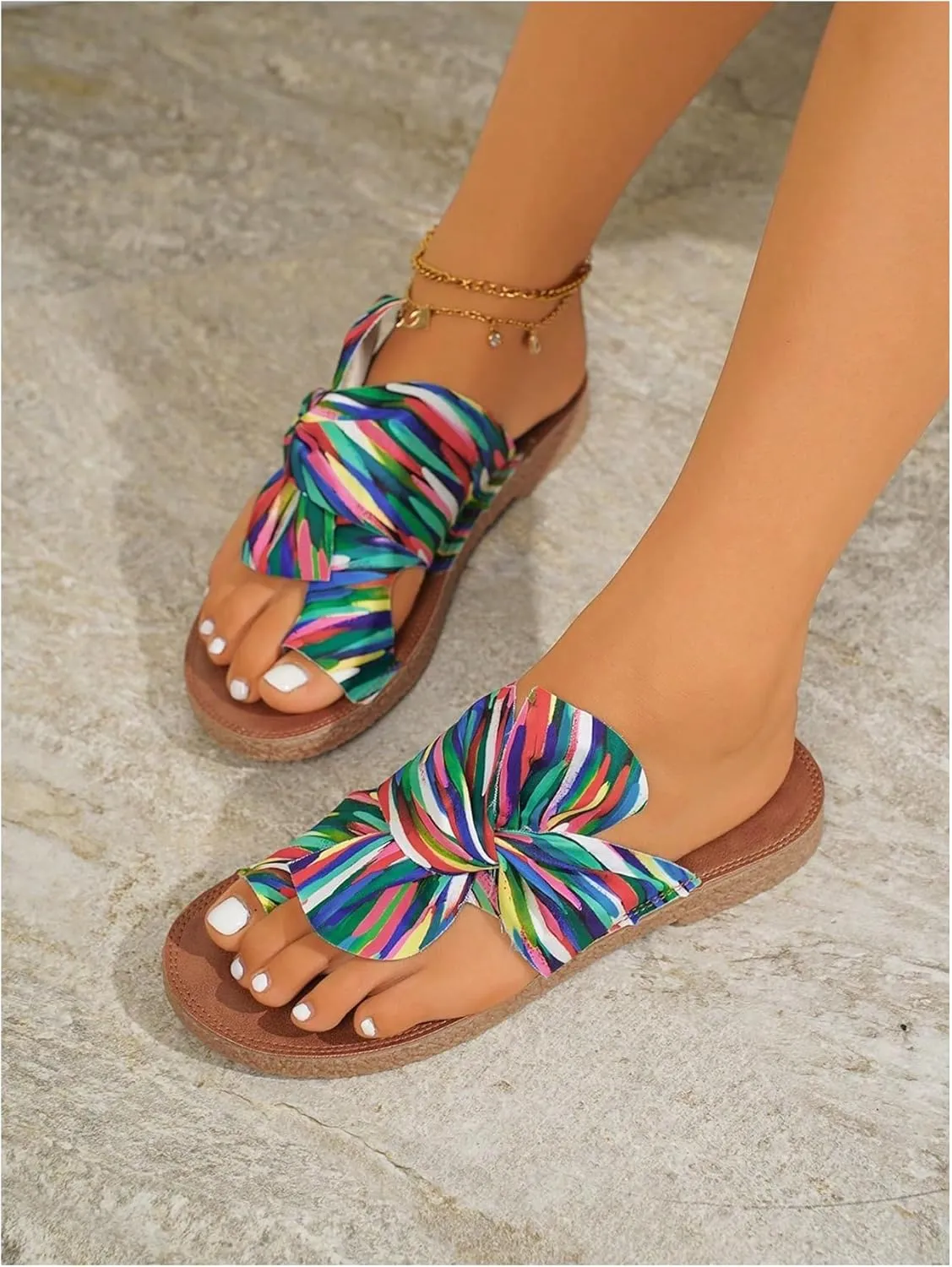 GORGLITTER Women's Rainbow Bow Tie Flat Beach Sandals 2025 Vacation Open Toe Thong Sandals Summer Slides Shoes