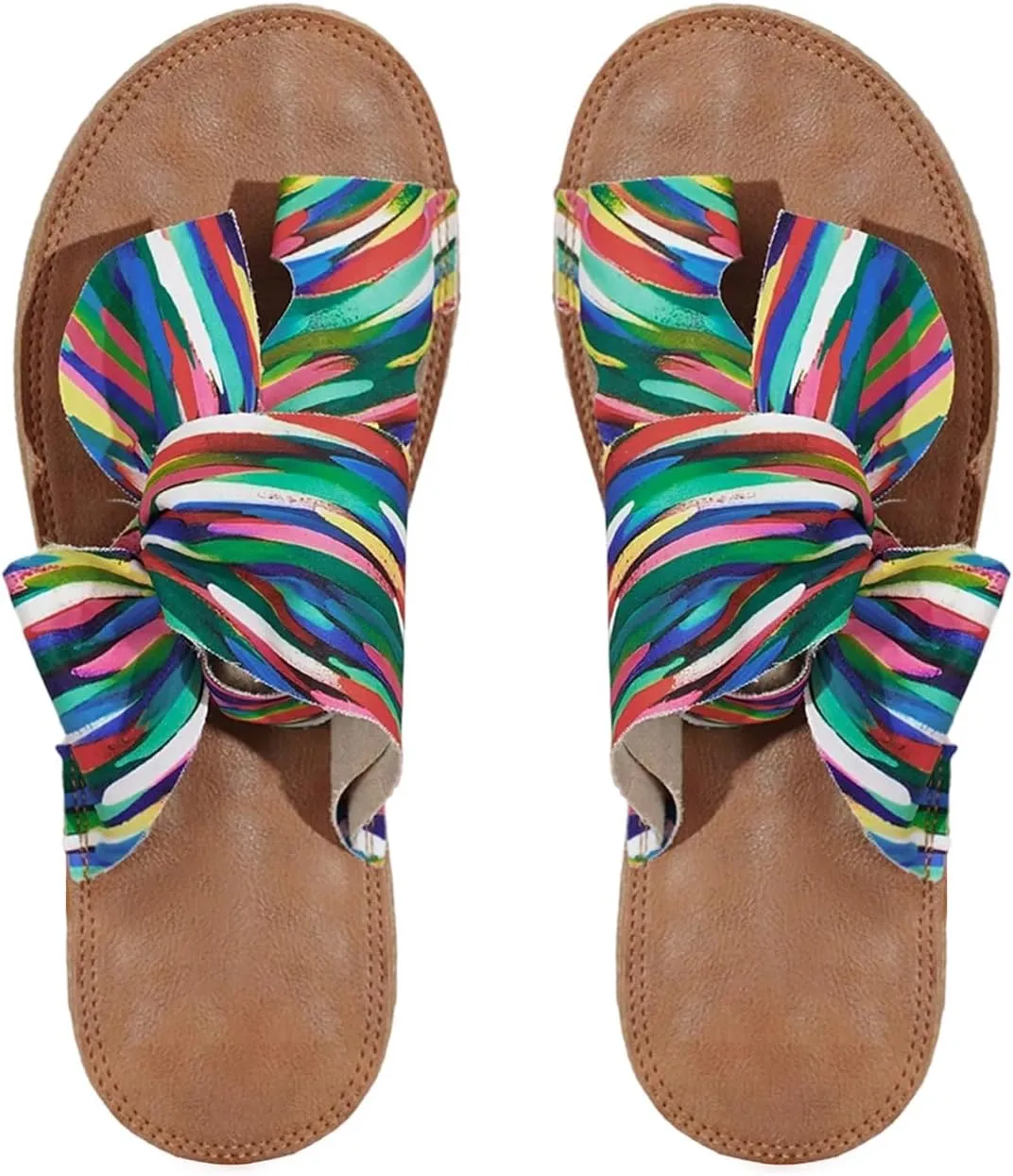 GORGLITTER Women's Rainbow Bow Tie Flat Beach Sandals 2025 Vacation Open Toe Thong Sandals Summer Slides Shoes