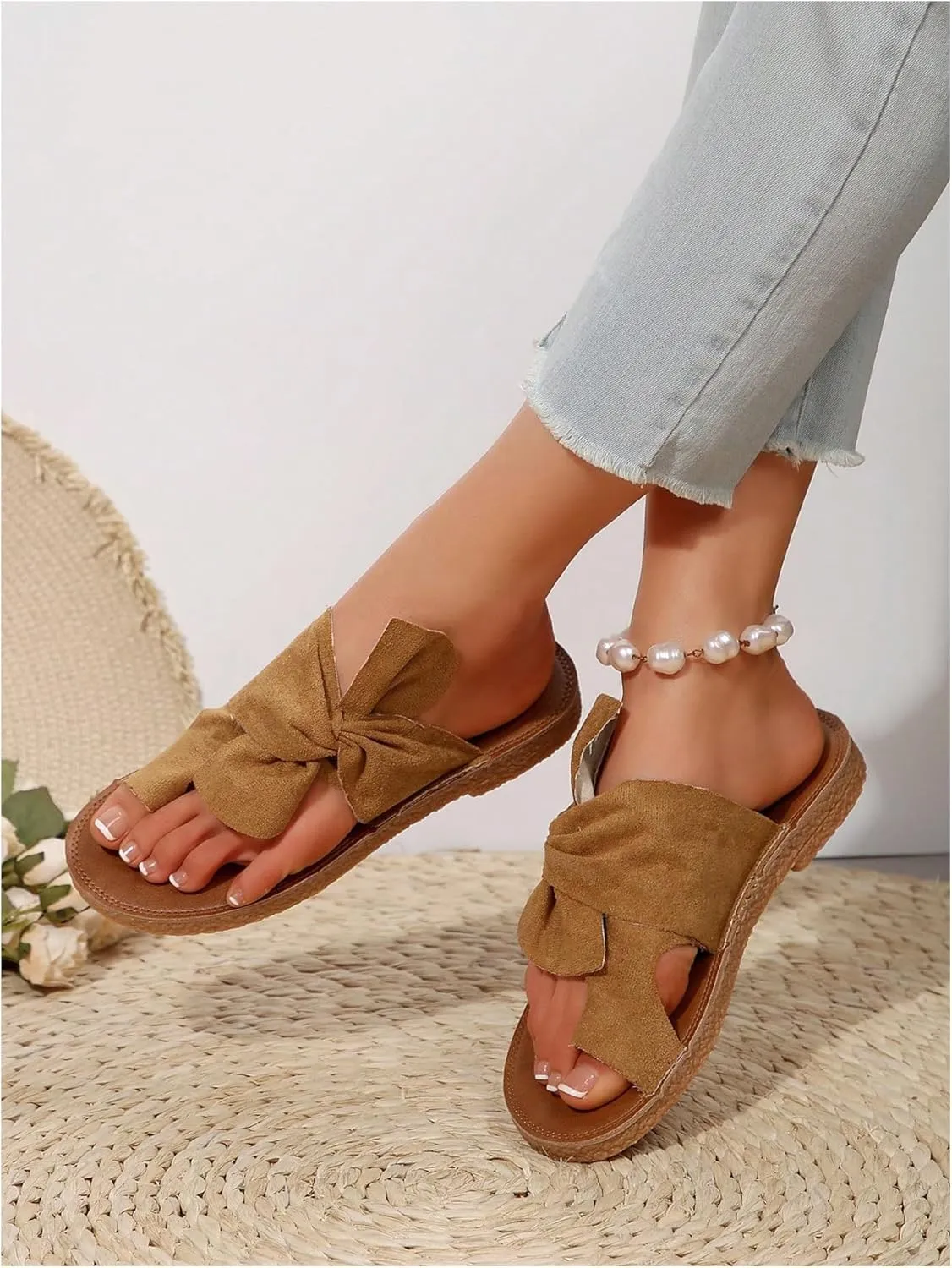 GORGLITTER Women's Rainbow Bow Tie Flat Beach Sandals 2025 Vacation Open Toe Thong Sandals Summer Slides Shoes