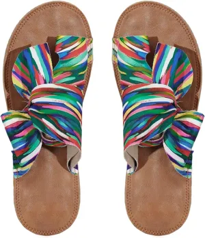 GORGLITTER Women's Rainbow Bow Tie Flat Beach Sandals 2025 Vacation Open Toe Thong Sandals Summer Slides Shoes