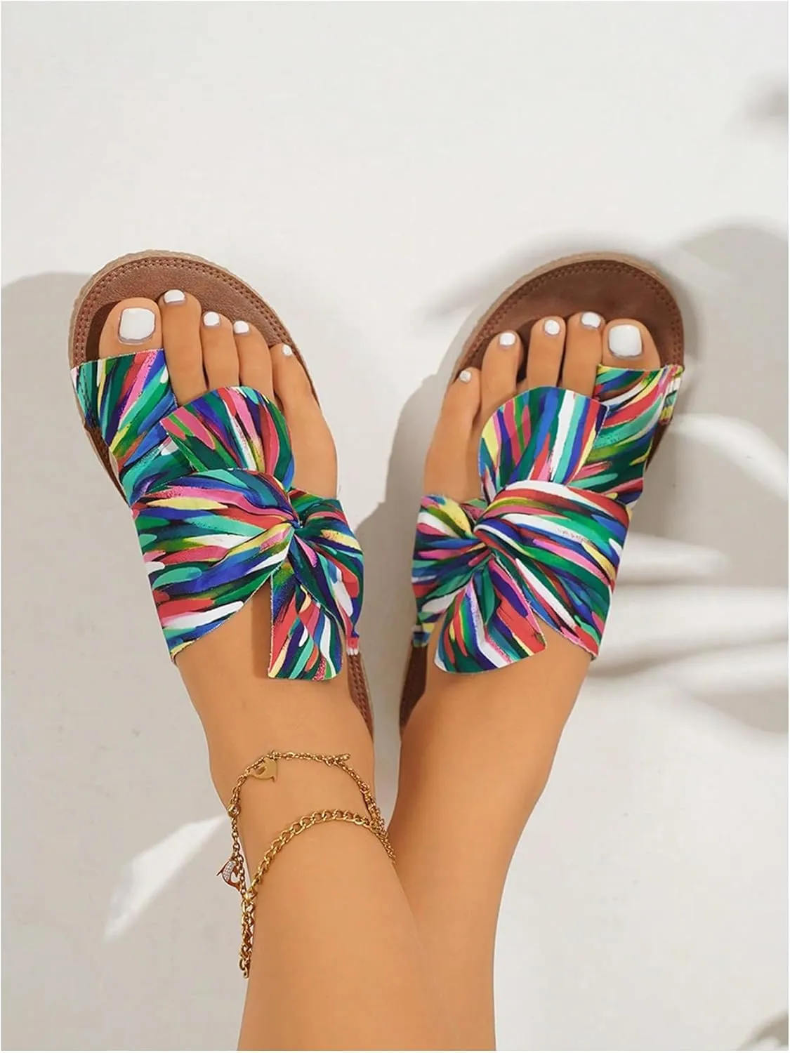 GORGLITTER Women's Rainbow Bow Tie Flat Beach Sandals 2025 Vacation Open Toe Thong Sandals Summer Slides Shoes