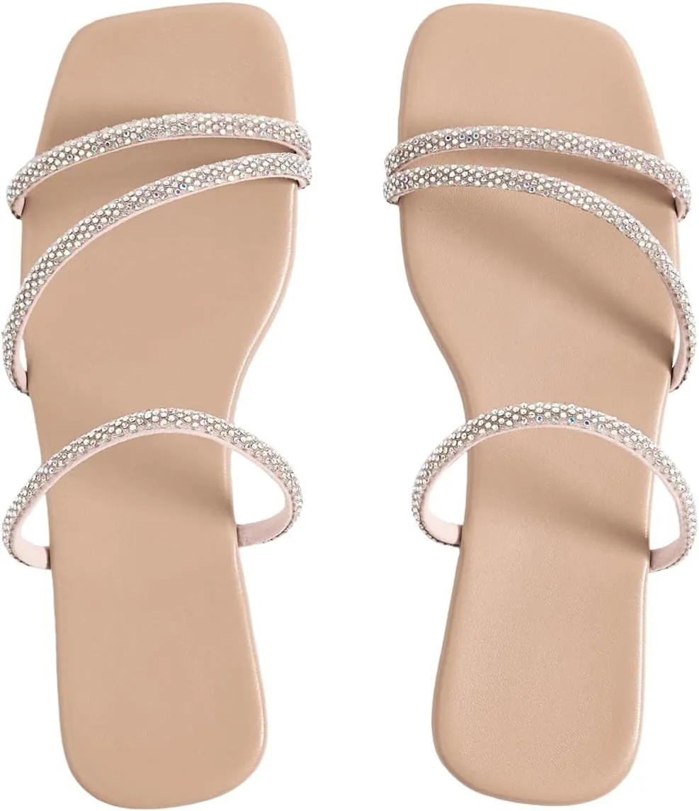 GORGLITTER Women's Rhinestone Flat Sandals Strappy Slip on Open Toe Slide Sandals