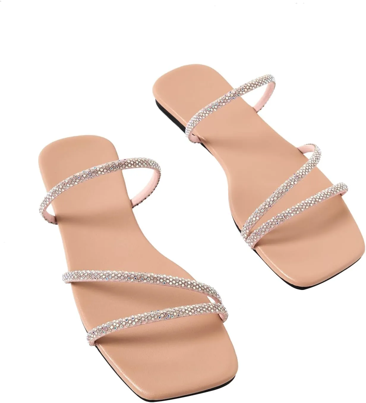 GORGLITTER Women's Rhinestone Flat Sandals Strappy Slip on Open Toe Slide Sandals