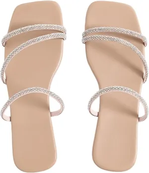 GORGLITTER Women's Rhinestone Flat Sandals Strappy Slip on Open Toe Slide Sandals