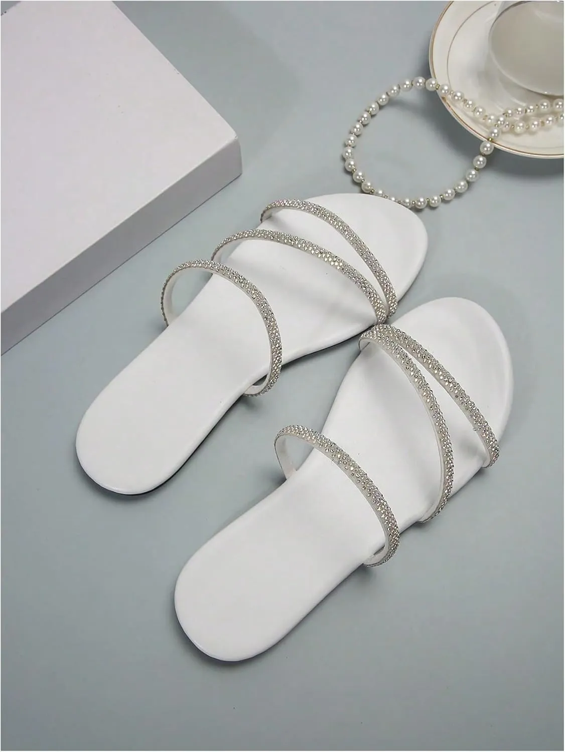 GORGLITTER Women's Rhinestone Strappy Sandals Dress Open Toe Flat Slip on Slide Sandal