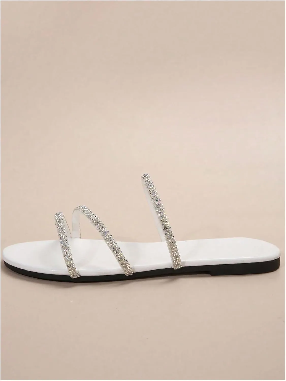 GORGLITTER Women's Rhinestone Strappy Sandals Dress Open Toe Flat Slip on Slide Sandal