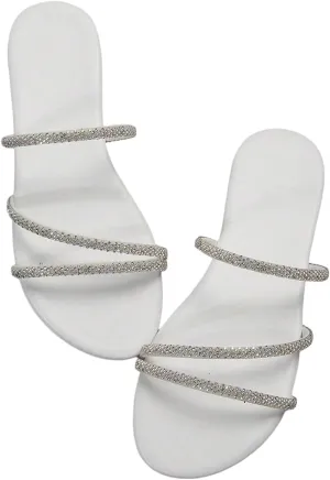 GORGLITTER Women's Rhinestone Strappy Sandals Dress Open Toe Flat Slip on Slide Sandal