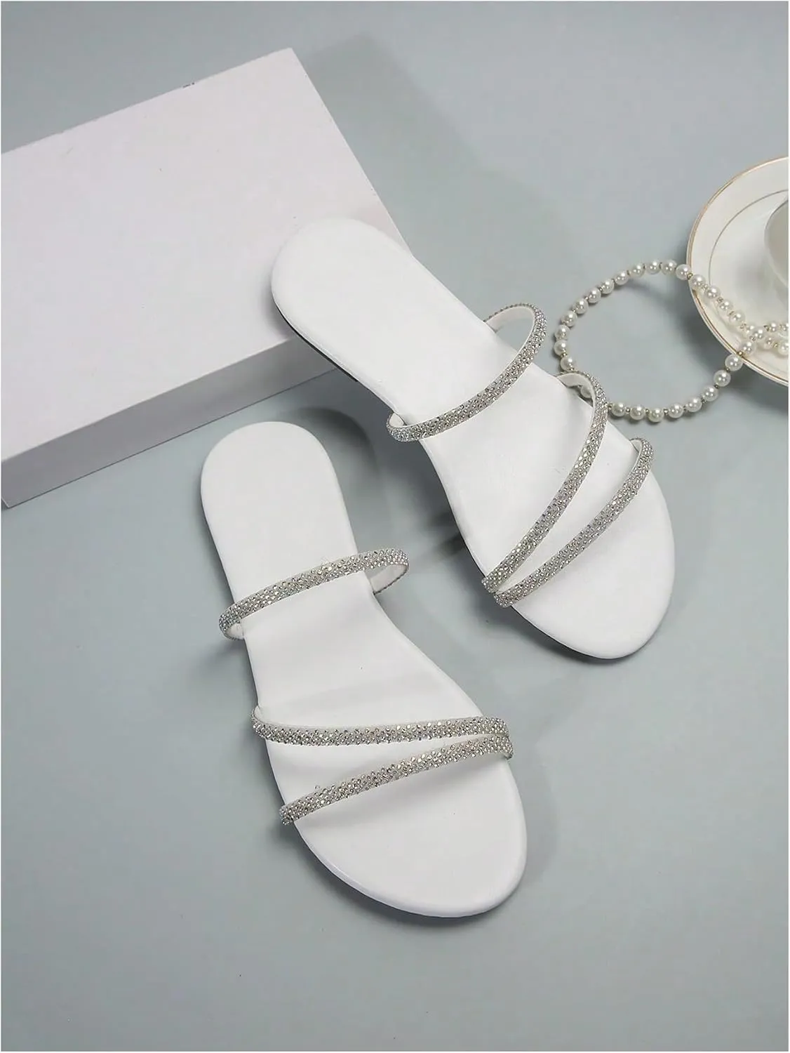 GORGLITTER Women's Rhinestone Strappy Sandals Dress Open Toe Flat Slip on Slide Sandal