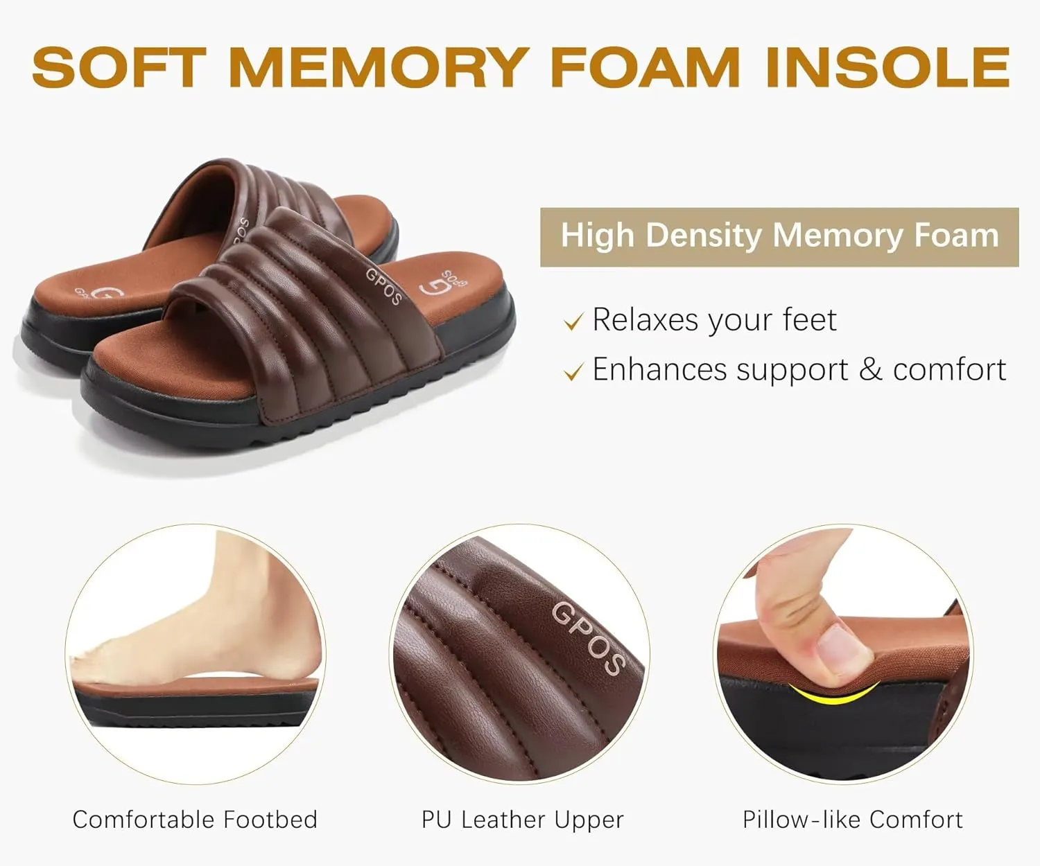 GPOS Womens Slides with Memory Foam Soft Cushioned Cozy House Slippers for Woman Comfy Open Toe Ladies Sandals Leather Slip on Bedroom Shoes Plantar Fasciitis Indoor Outdoor