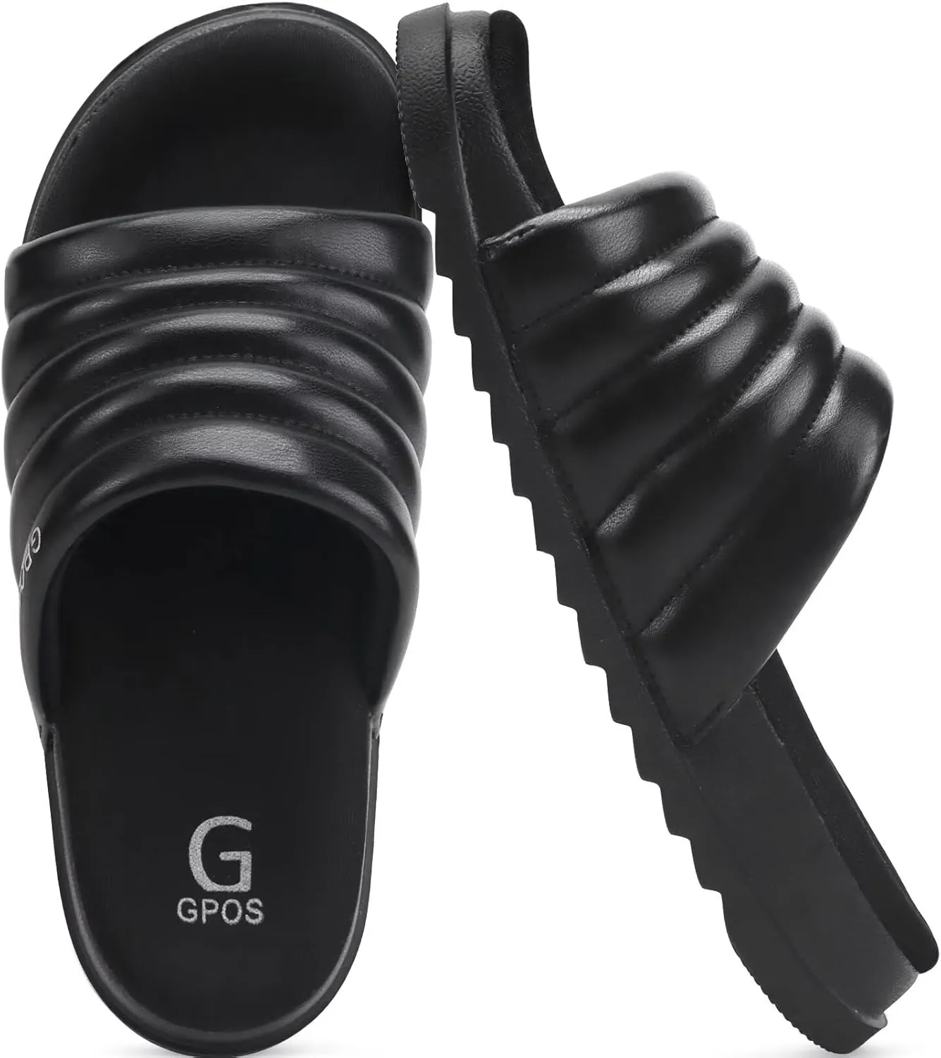 GPOS Womens Slides with Memory Foam Soft Cushioned Cozy House Slippers for Woman Comfy Open Toe Ladies Sandals Leather Slip on Bedroom Shoes Plantar Fasciitis Indoor Outdoor